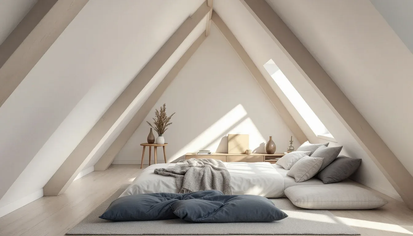 Minimalist attic bedroom with white vaulted ceiling beams, skylights, and low-profile floor bedding in neutral tones