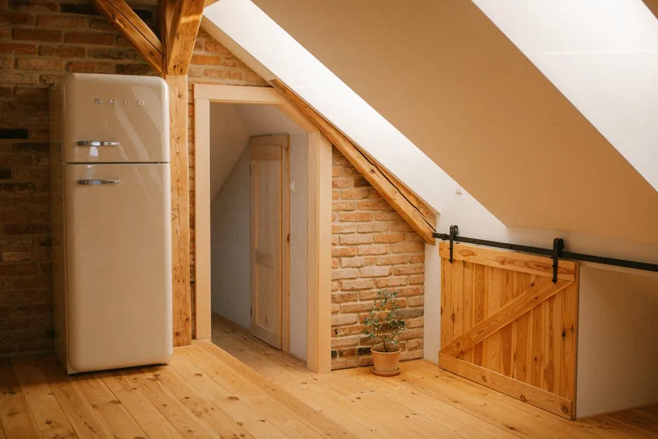 Converted attic space with sloped ceiling, wooden beams, barn door, and SMEG refrigerator showing habitability challenge