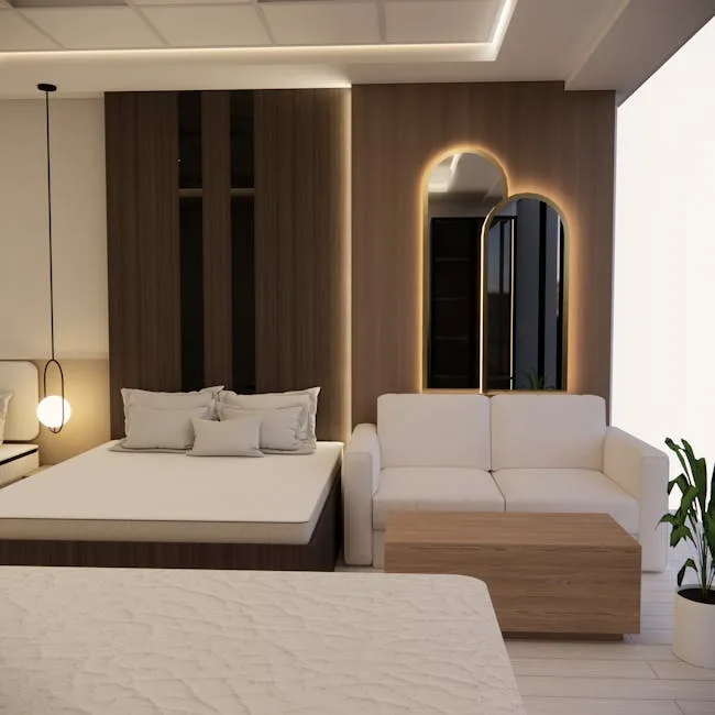 Modern primary bedroom layout with platform bed, p