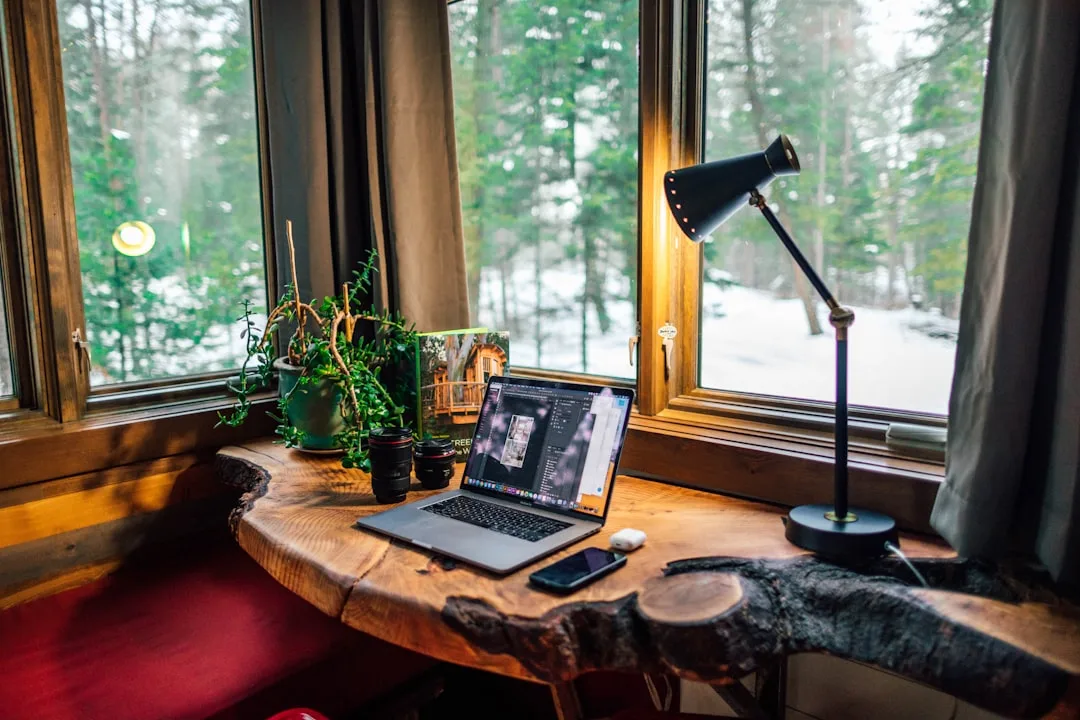 Small home workspace with live-edge wood desk, lap