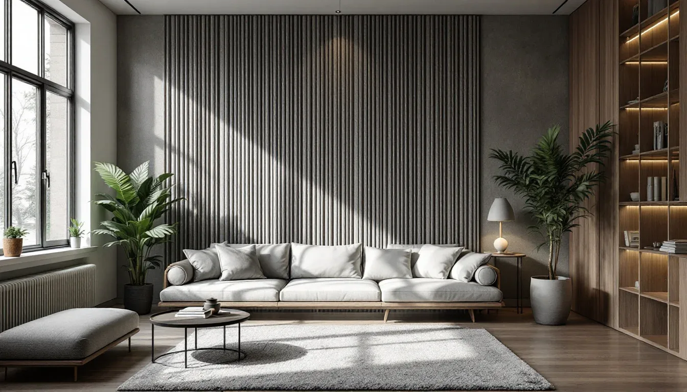 Modern living room with acoustic wall panels, white sofa, and soft furnishings for soundproofing on a budget