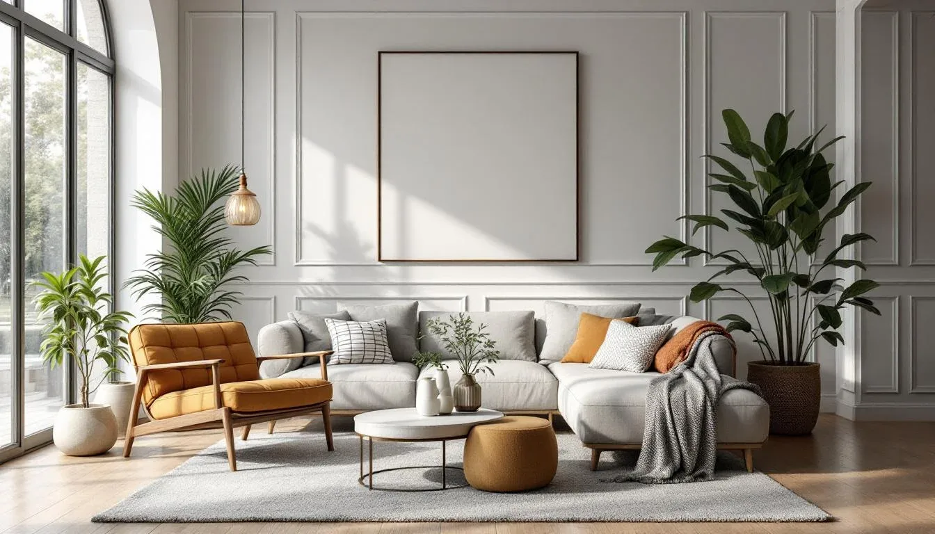 Bright modern living room with gray sectional sofa, orange accent chair, indoor plants, and blank wall art frame