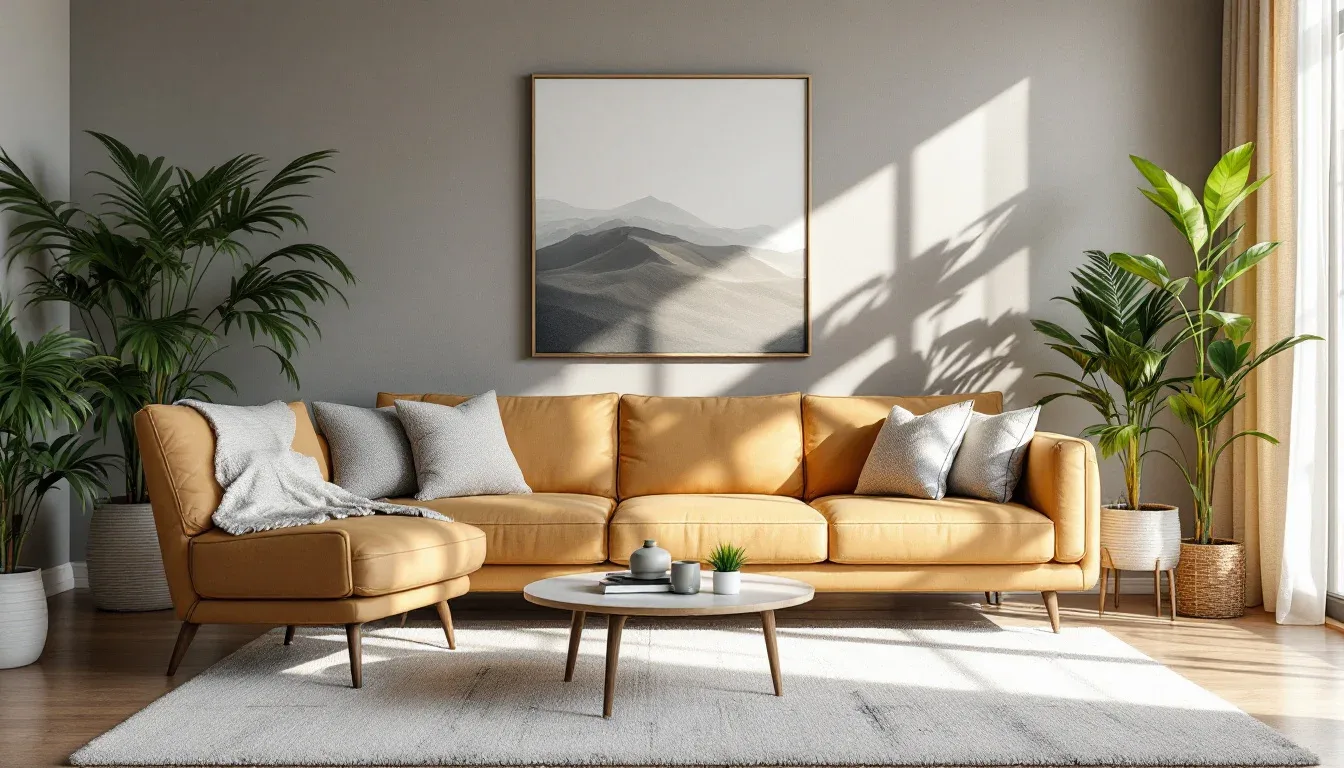 Modern living room with mustard sectional sofa, layered throw pillows, plants, and coffee table styling demonstrating 3-