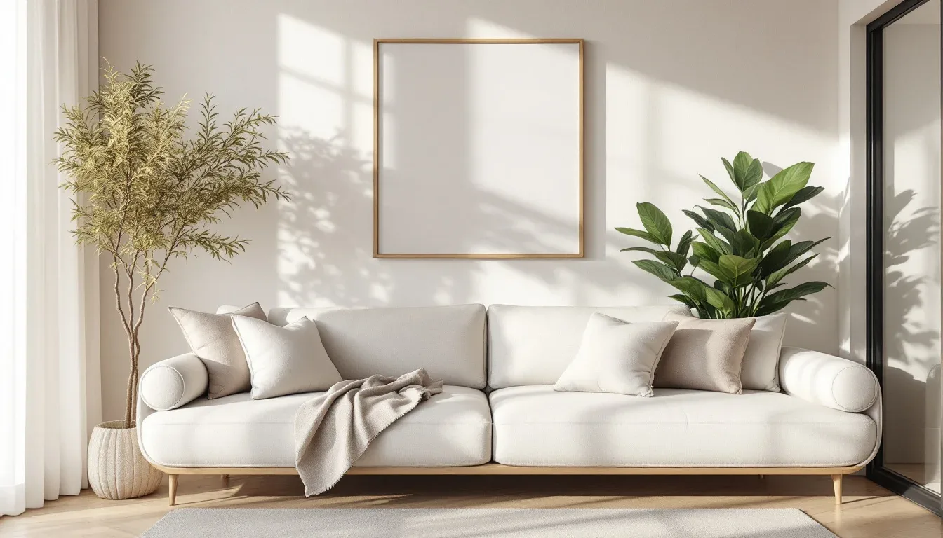 Neutral living room with cream sofa, beige cushions, and plants demonstrating 60-30-10 color rule in interior design