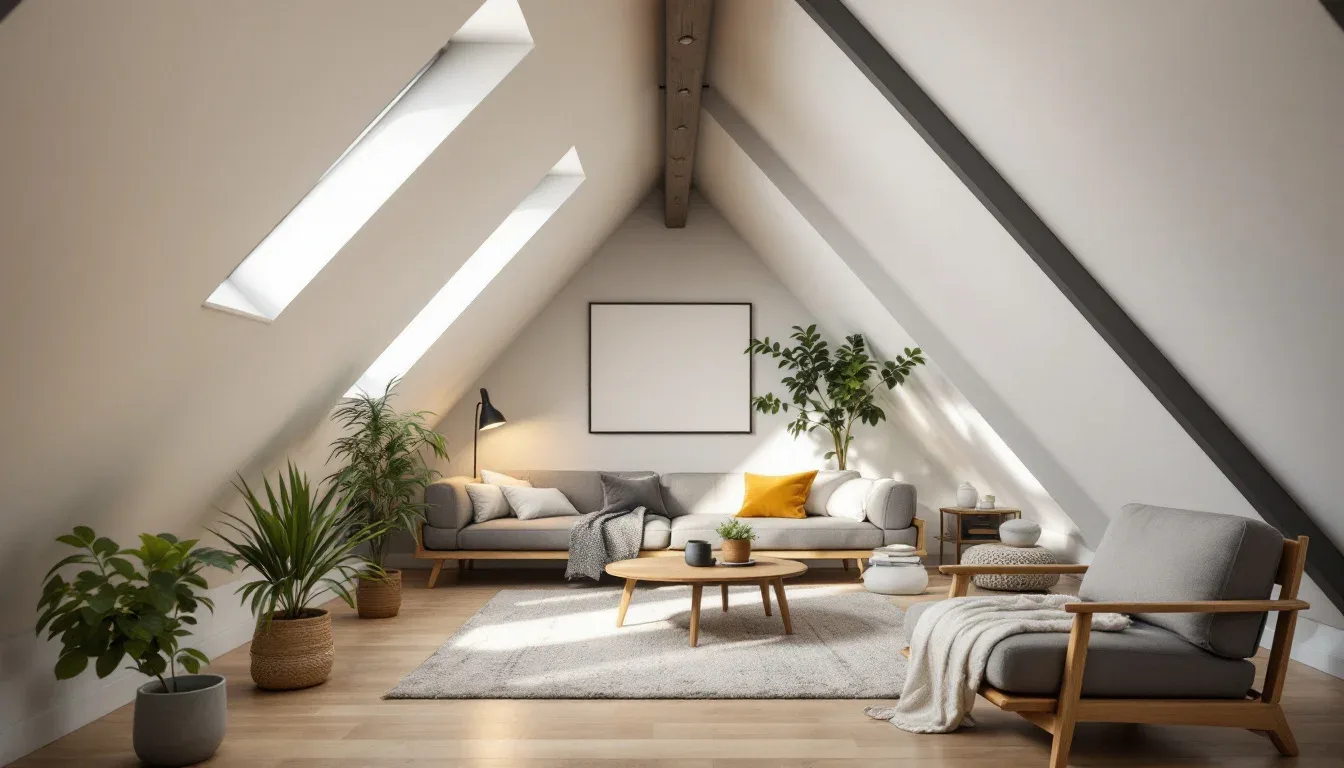 Converted attic living room with vaulted ceiling, skylights, and Scandinavian furniture showing habitable ceiling height