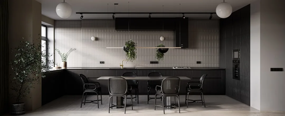 Modern dark aesthetic kitchen with black cabinetry