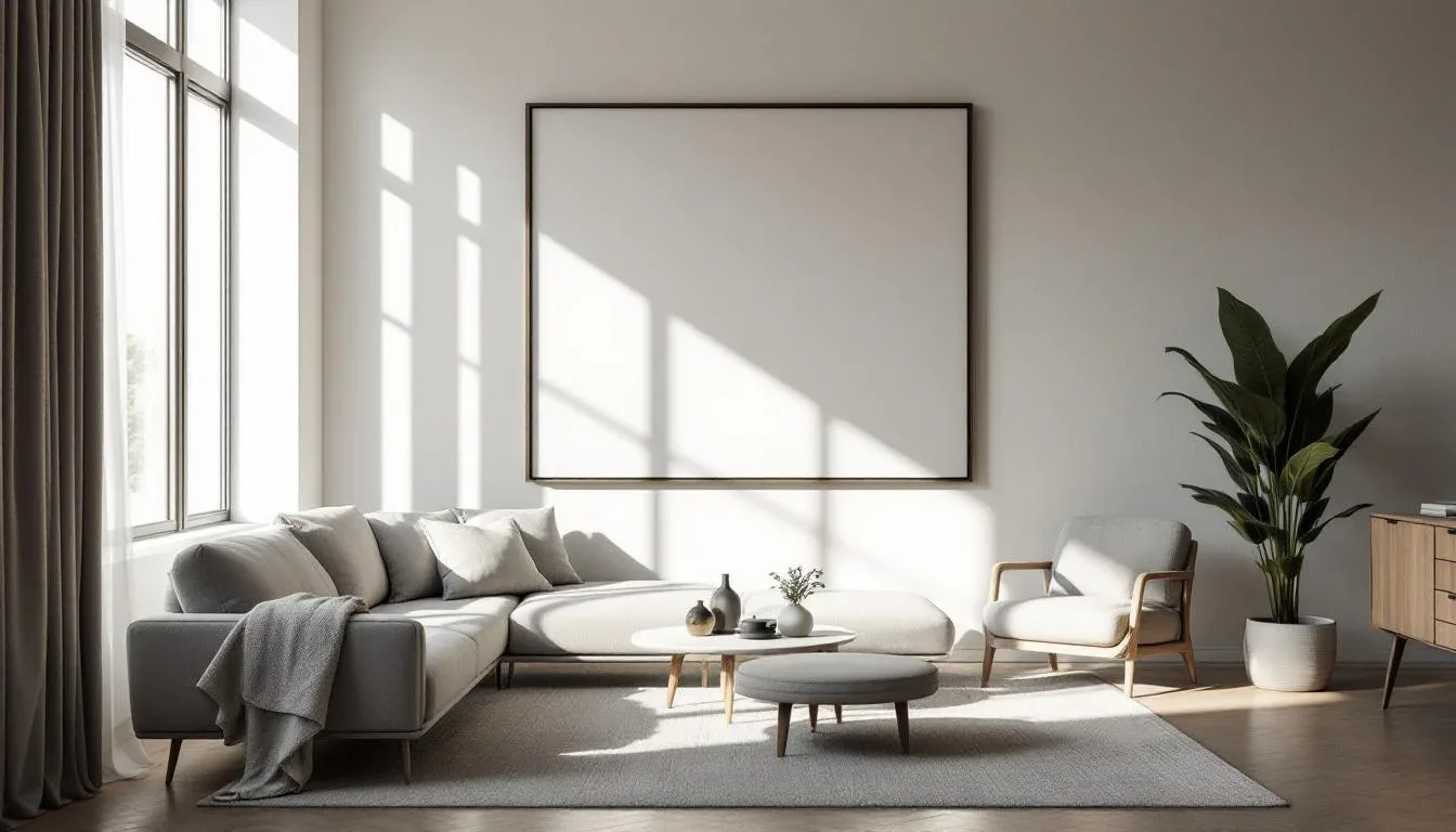 Minimalist living room with white plaster walls, natural light, neutral furniture, large blank wall art frame and indoor