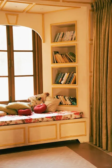 Cozy bedroom reading nook with built-in bookshelve