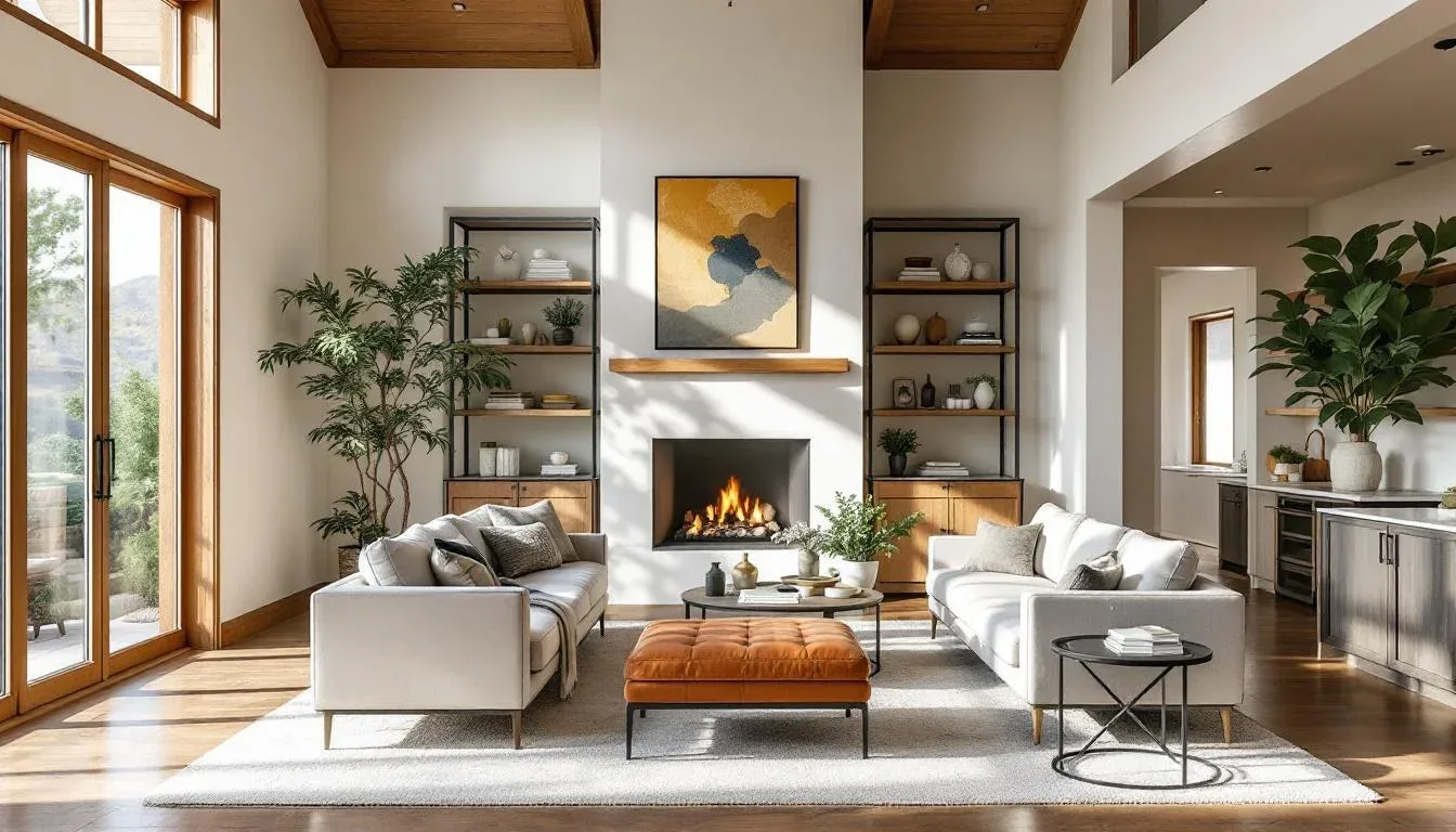 Modern open-plan living room with white sofas, leather ottoman, wood shelving, fireplace and natural light — contrast to