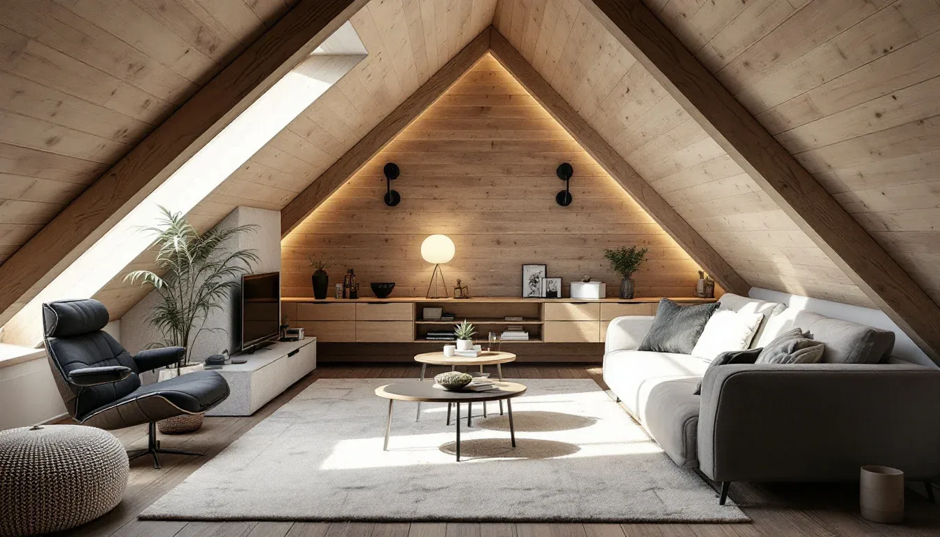 Converted attic living space with A-frame wood ceiling, modern furniture, skylights and built-in storage units