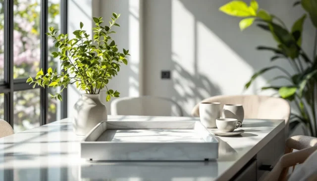 Marble tray styled with white ceramic cups, modern