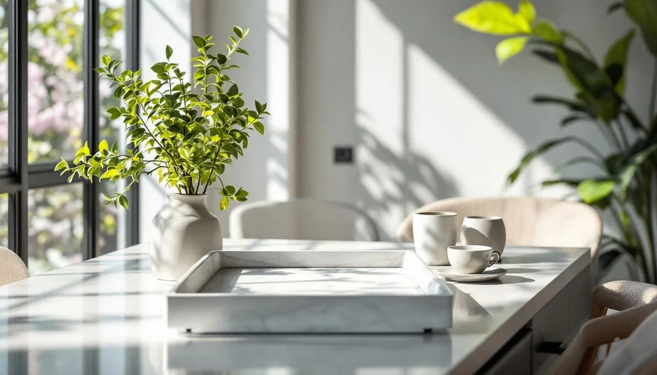Marble tray styled with white ceramic cups, modern