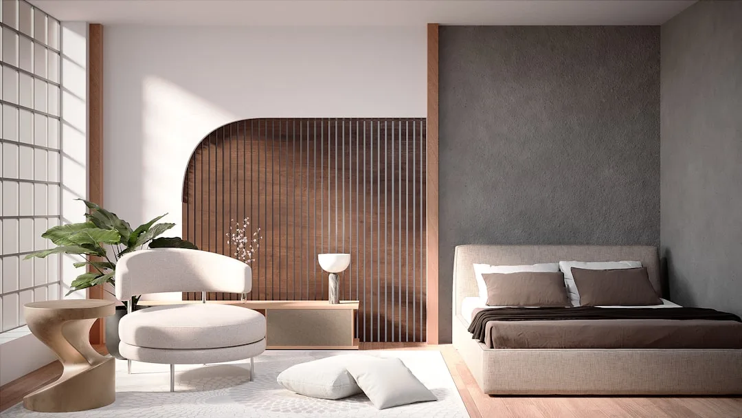 Modern Japanese-inspired bedroom with accent headboard wall featuring wood slat panel and dark textured plaster wall