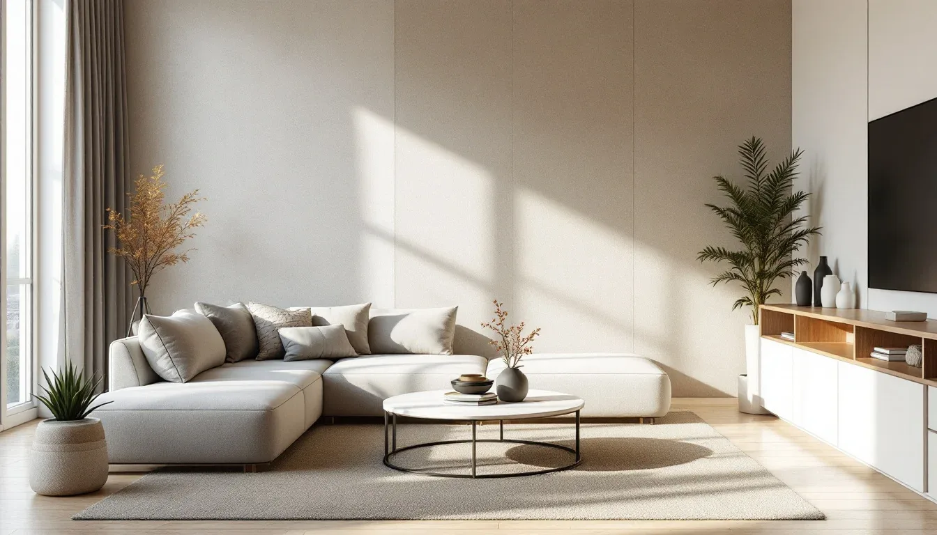 Minimalist living room with neutral tones, sectional sofa, and natural light showing how materials and colors interact i