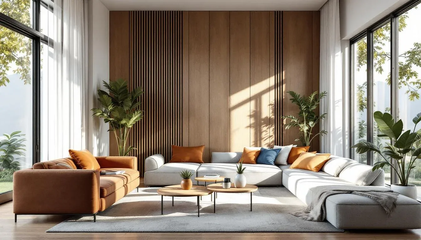 Modern living room with L-shaped sectional sofa and accent armchair arranged around wooden coffee tables
