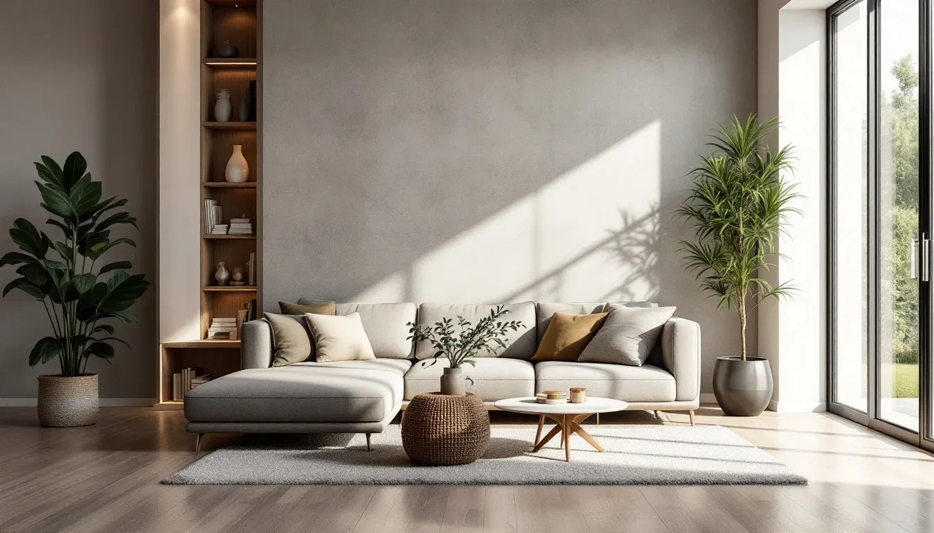Modern living room with L-shaped sectional sofa, chaise lounge, coffee table, and large window with natural light