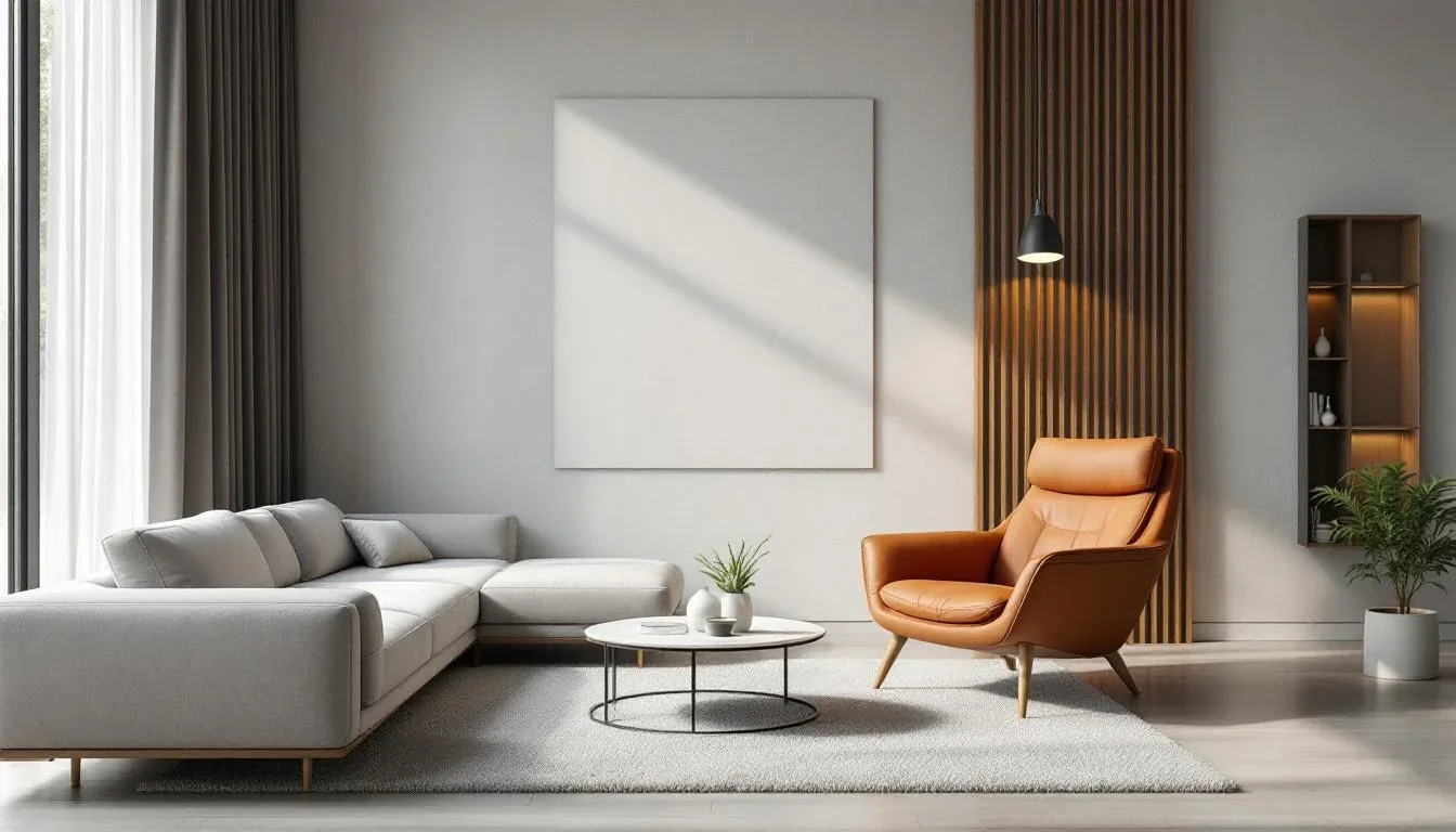 Modern minimalist living room with gray sectional sofa, orange leather accent chair, and blank canvas wall art