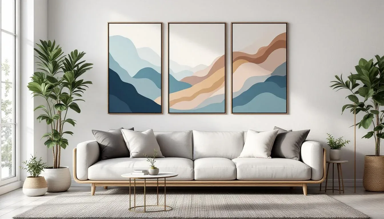 Modern Scandinavian living room with three abstract wave wall art panels in blue and earth tones above a white sofa