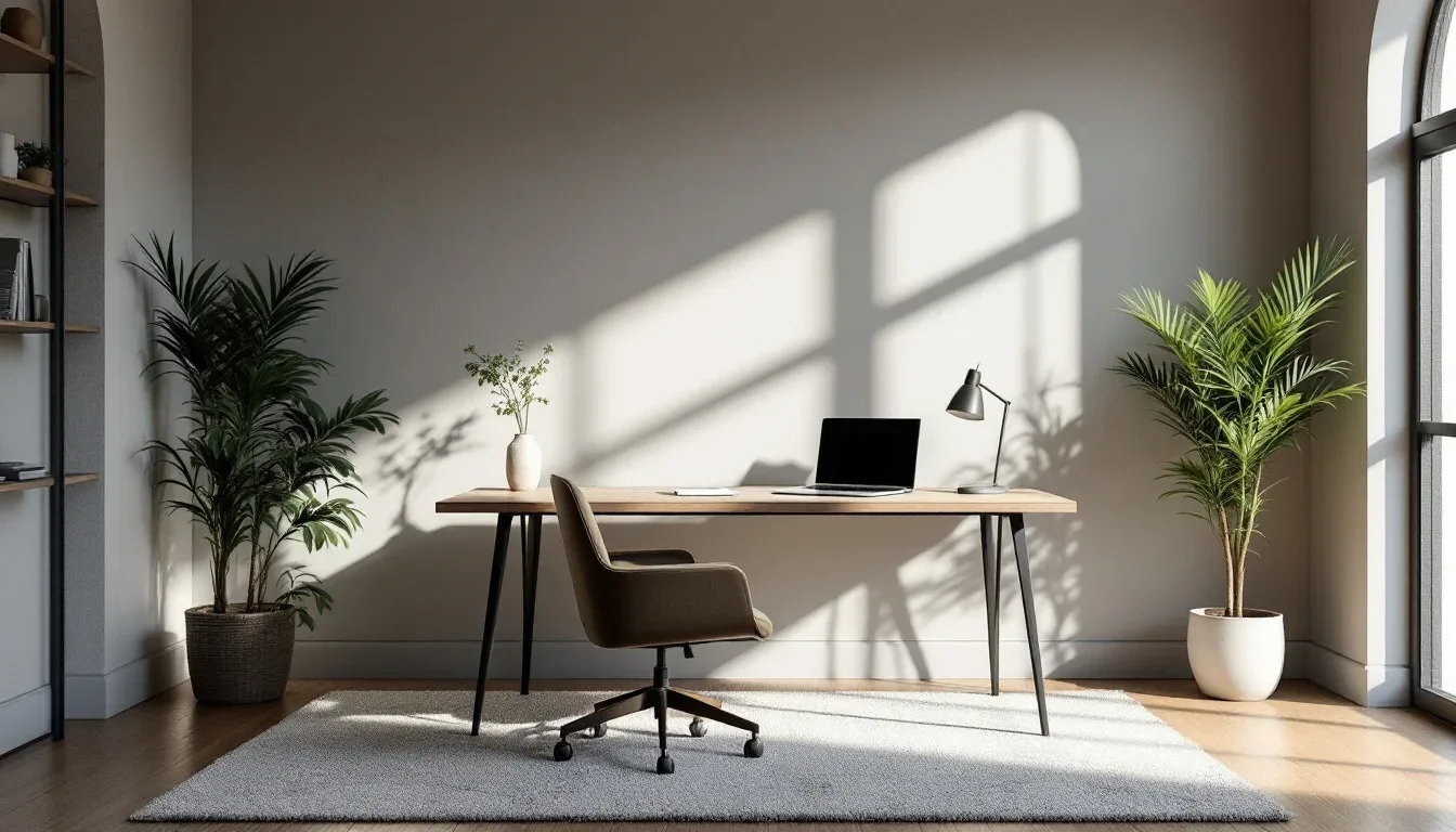 Minimalist home office desk with laptop and lamp beside indoor plants in a sunlit room