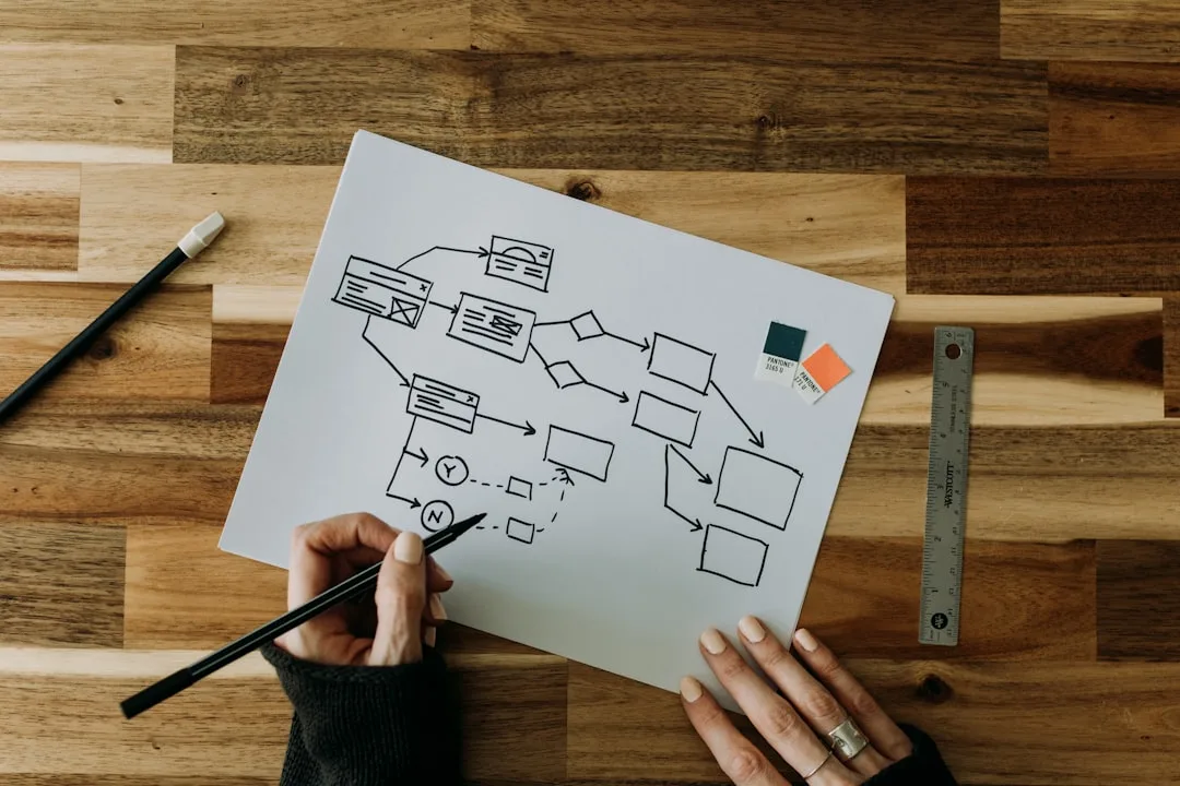 Hand drawing a flowchart decision framework on white paper with pencil, ruler, and Pantone color swatches on wooden desk