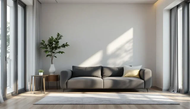 Minimalist living room with grey sofa, neutral ton