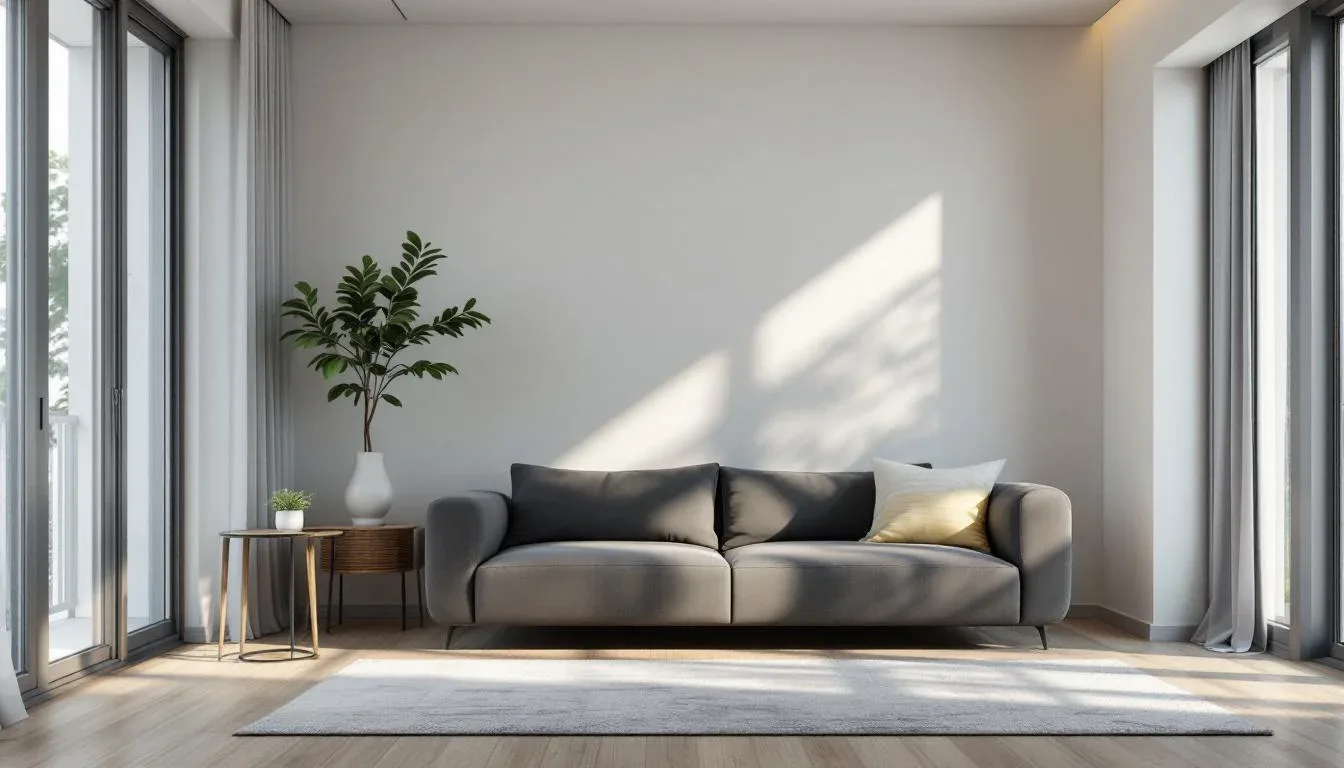 Minimalist living room with grey sofa, neutral ton