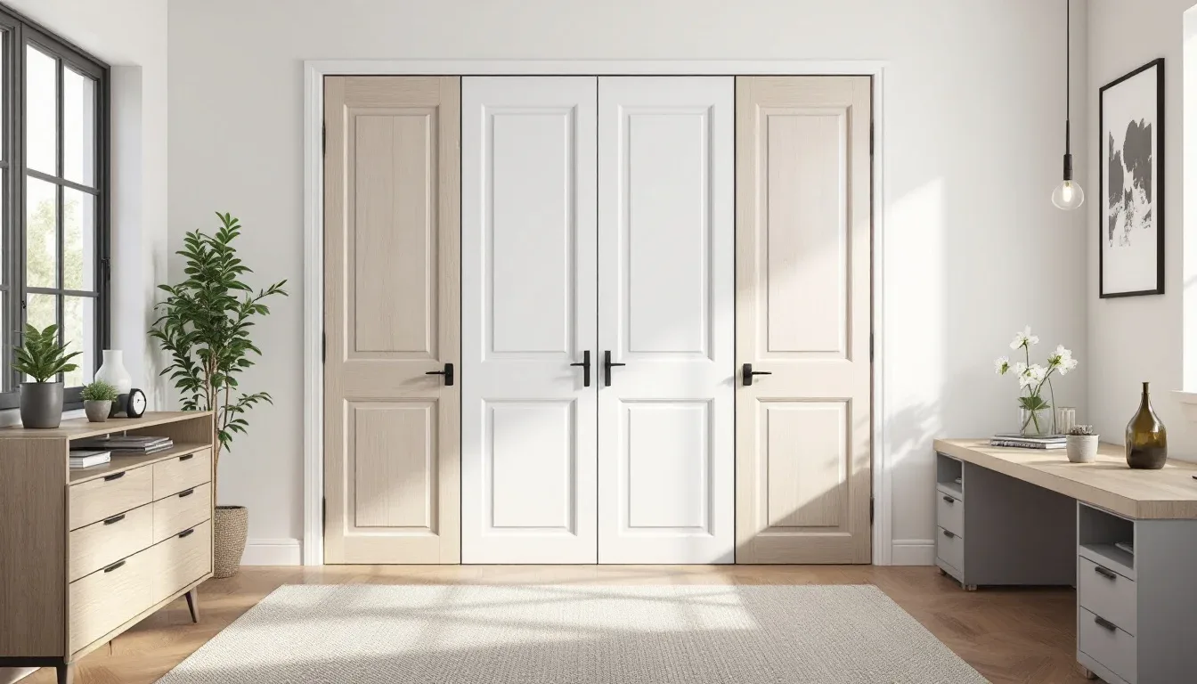 Double closet doors in modern bedroom showing potential cloffice conversion space with wood paneling and black hardware