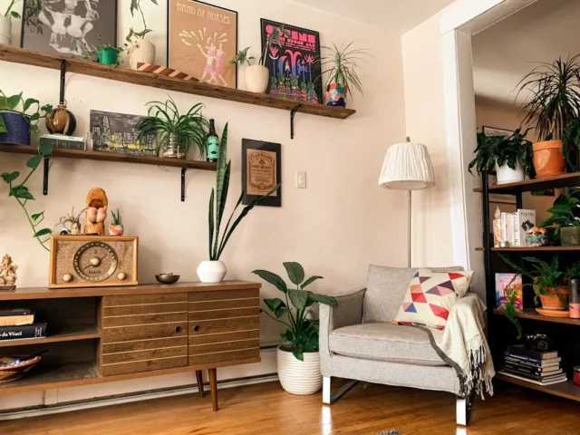 Eclectic first apartment living room with mid-cent