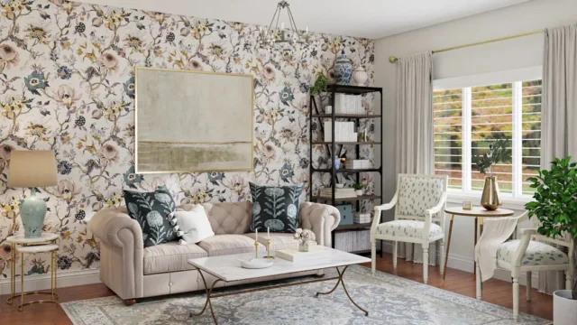 Floral print wallpaper living room with tufted bei