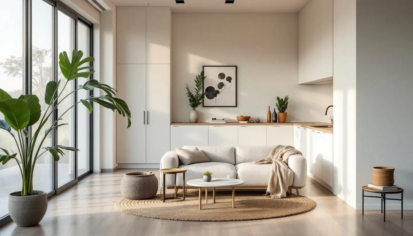 Minimalist Japandi living room with white sofa, jute rug, wood accents, and large floor-to-ceiling windows in a modern h