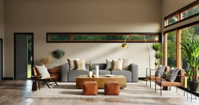 Modern living room with gray sofa, wooden coffee t