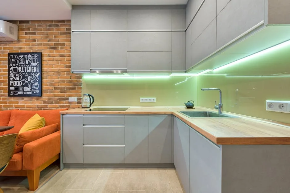Modern kitchen with gray flat-front cabinets, wood