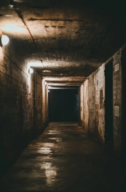 Dark uninviting basement corridor with dim lightin