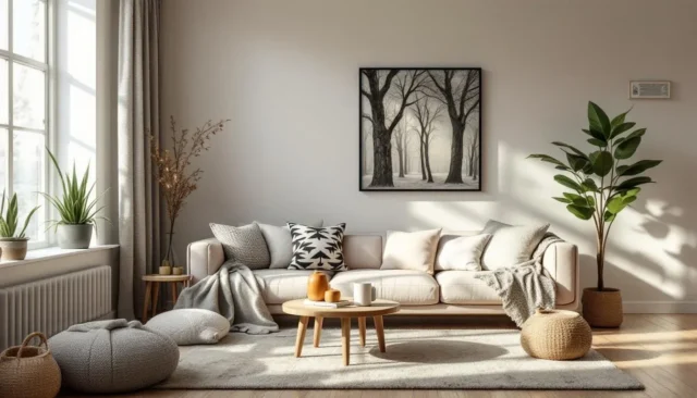 Cozy Scandinavian living room with neutral sofa, t