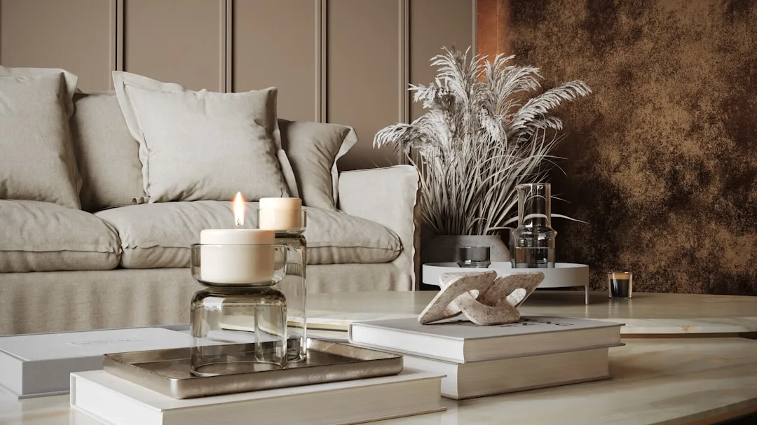 Neutral toned living room with linen sofa, lit can