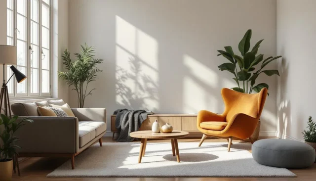 Bright minimalist living room with orange accent c