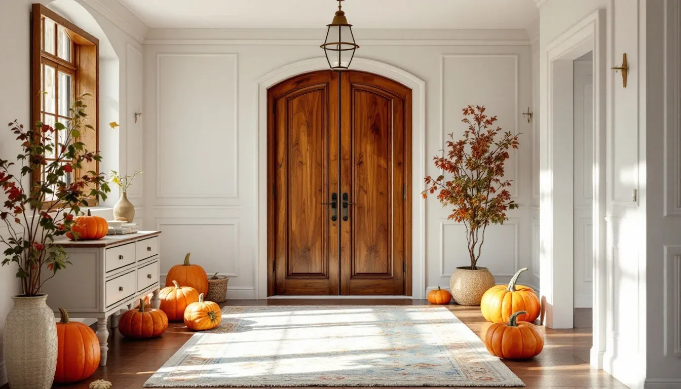 Elegant fall foyer with arched wood double doors,