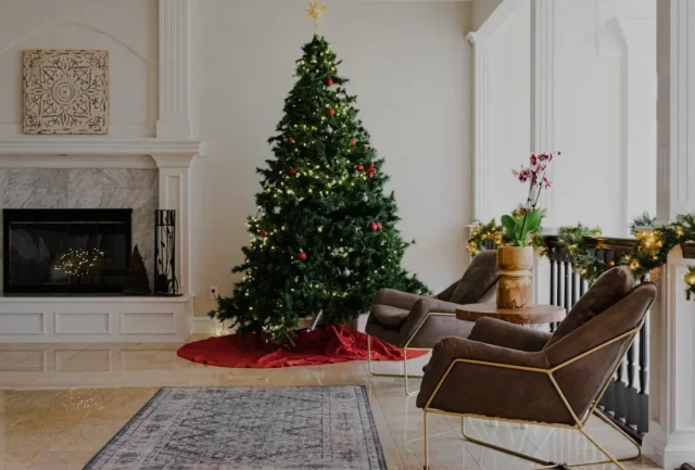 Elegant Christmas living room with decorated tree,