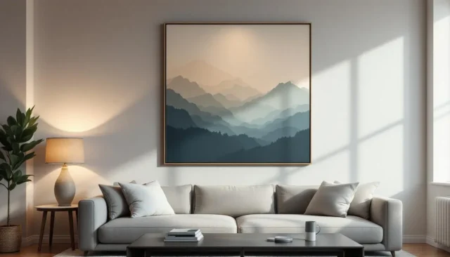 Living room with framed mountain artwork lit by wa