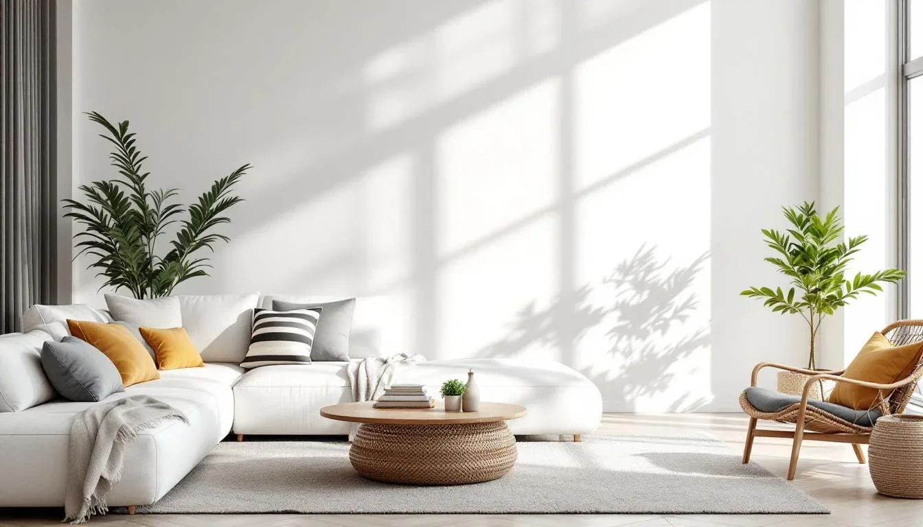 Bright Scandinavian living room with white section