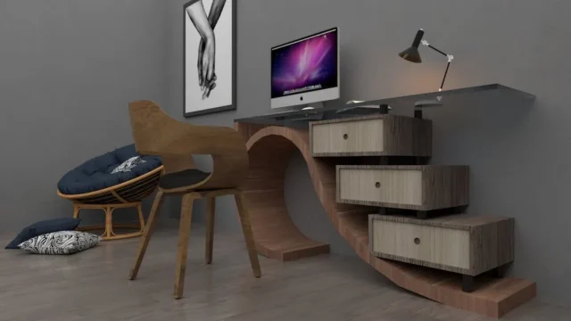 Modern home office setup with curved wooden desk,