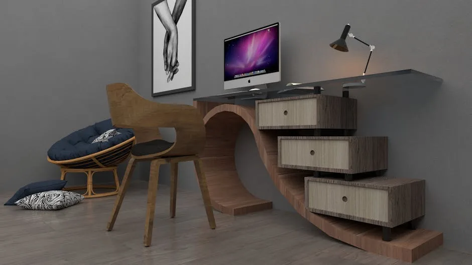 Modern home office setup with curved wooden desk,