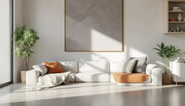 Minimalist white living room with neutral sofa, or