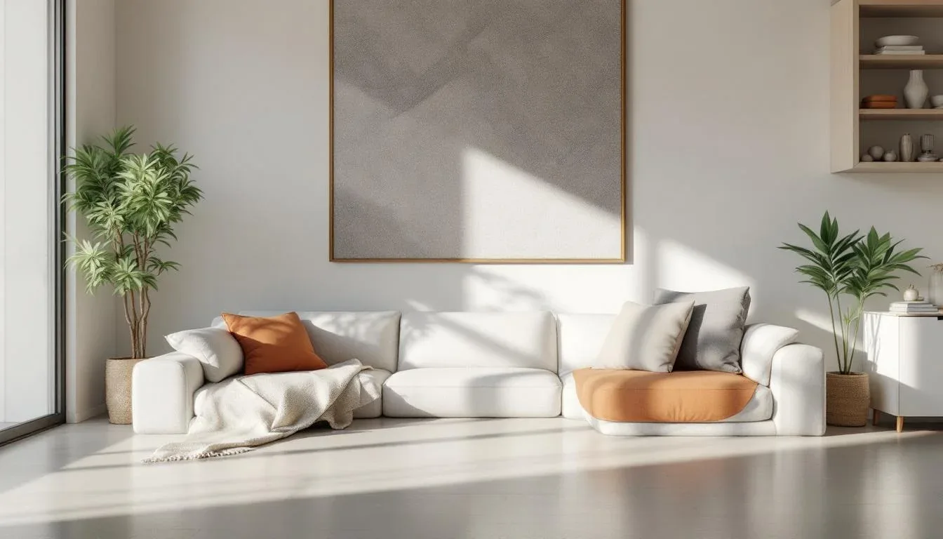 Minimalist white living room with neutral sofa, or
