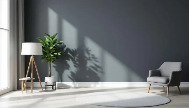 Minimalist living room with dark gray wall showing