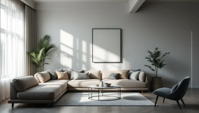 Modern minimalist living room with sectional sofa,