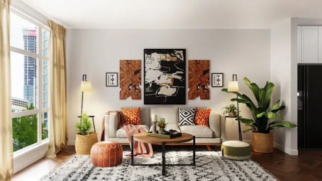 Bohemian small apartment living room with neutral