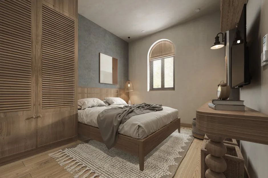 Cozy studio bedroom sleeping zone with wooden bed