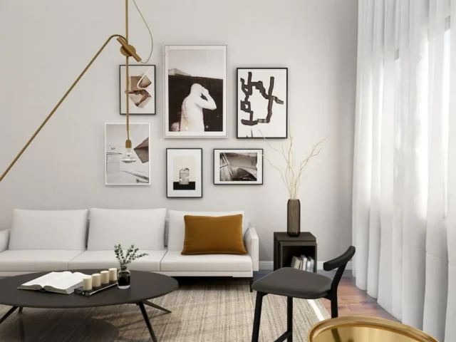 Modern living room gallery wall with black and whi