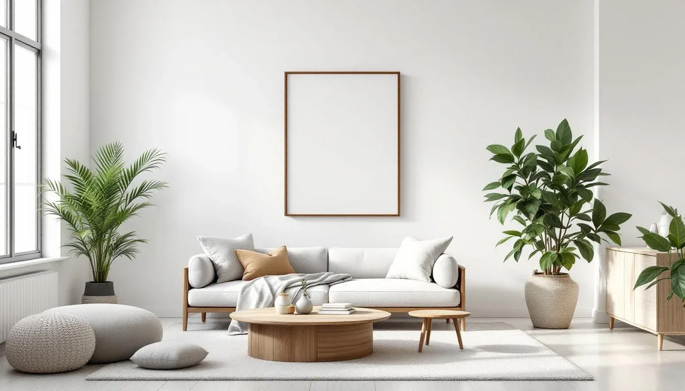 Minimalist Scandinavian living room with white sofa, wooden coffee table, indoor plants, and blank wall art frame